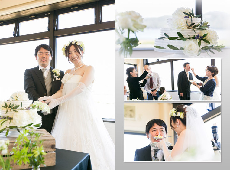 ケーキはお花とグリーンでシンプル＆ナチュラルです。10頁目：結婚式アルバム