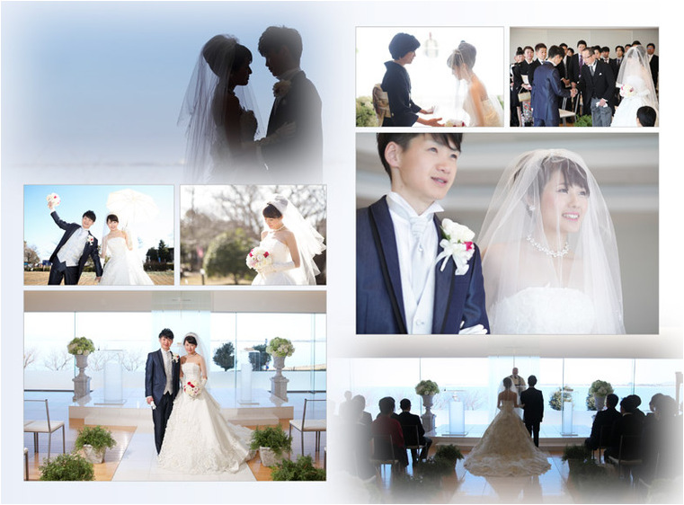 
表紙には透明感あるチャペルでの指輪交換のシーンを選ばれました。2頁目：結婚式アルバム