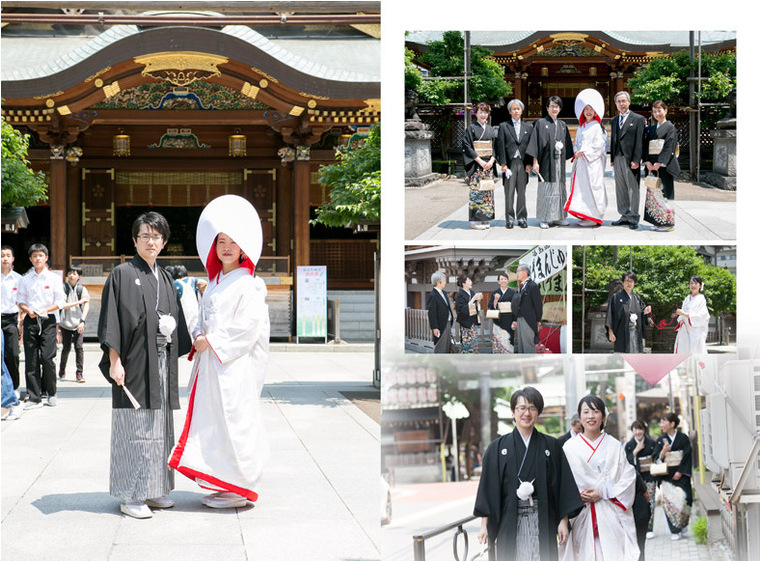 
挙式中は緊張の面持ちのお二人でしたが、神社前での記念撮影では笑顔も見られ晴れて夫婦となった喜びが感じられます。7頁目：結婚式アルバム