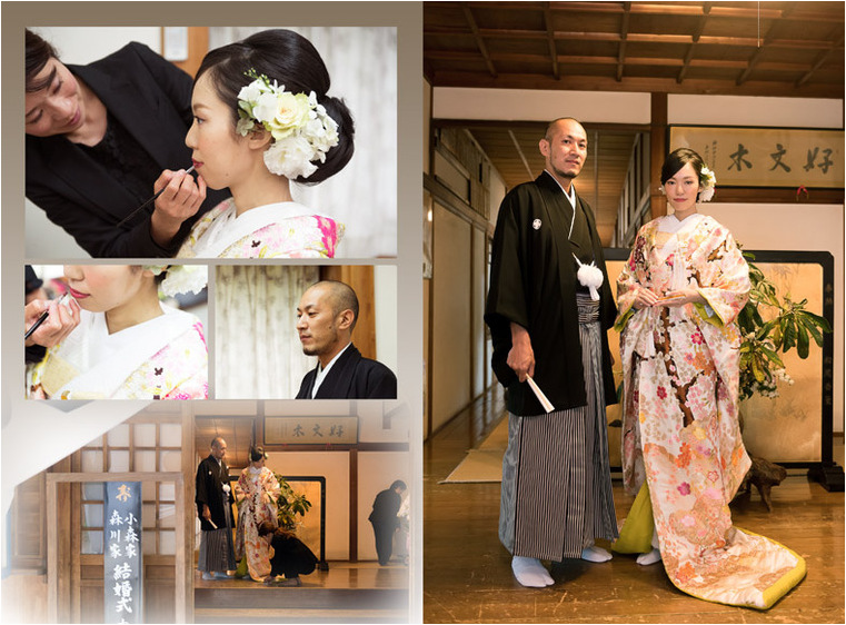 
新郎は黒の紋付き袴で貫禄のある姿、新婦は桜を始めとした花々が散りばめられた、ちらりとのぞく裏地の芥子色がモダンな色合いの色打掛で上品な装いに。2頁目：結婚式アルバム