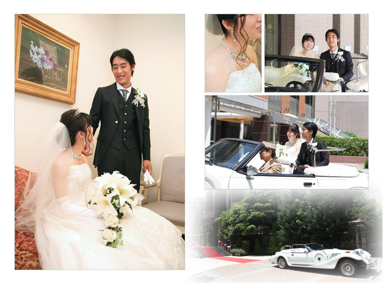 お支度を終えたお二人はオープンカーに乗ってチャペルへ。2頁目：結婚式アルバム