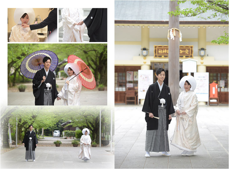 場所は愛知縣護國神社。2頁目：結婚式アルバム