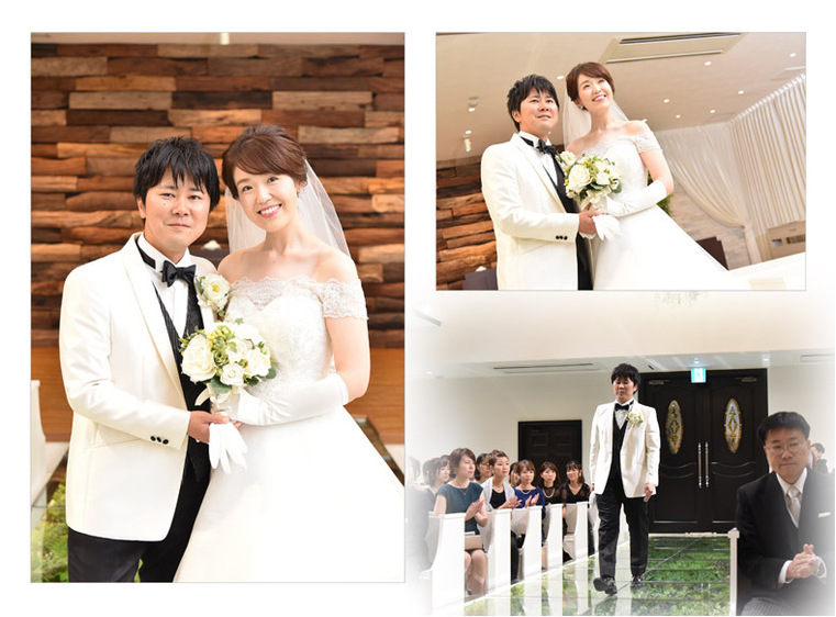 挙式では新郎が花束をプレゼントして、もう一度プロポーズ。4頁目：結婚式アルバム