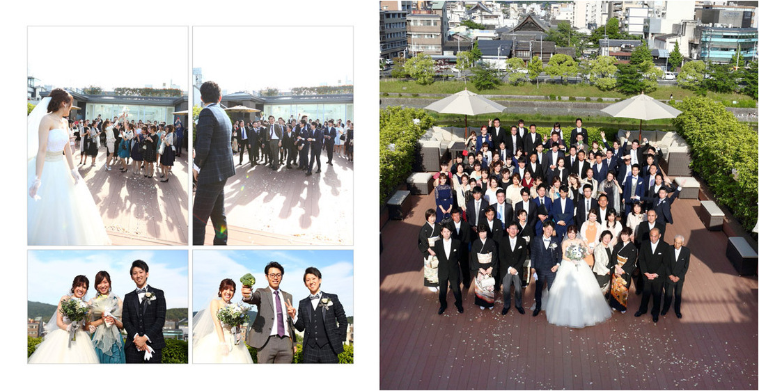 ゲストと写ったお写真もたくさん使い、楽しげな笑顔にあふれています。7頁目：結婚式アルバム