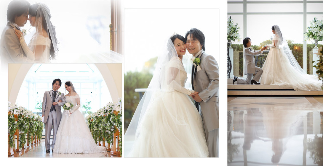 続くドレスでの撮影は、新郎が新婦を抱っこ。3頁目：結婚式アルバム