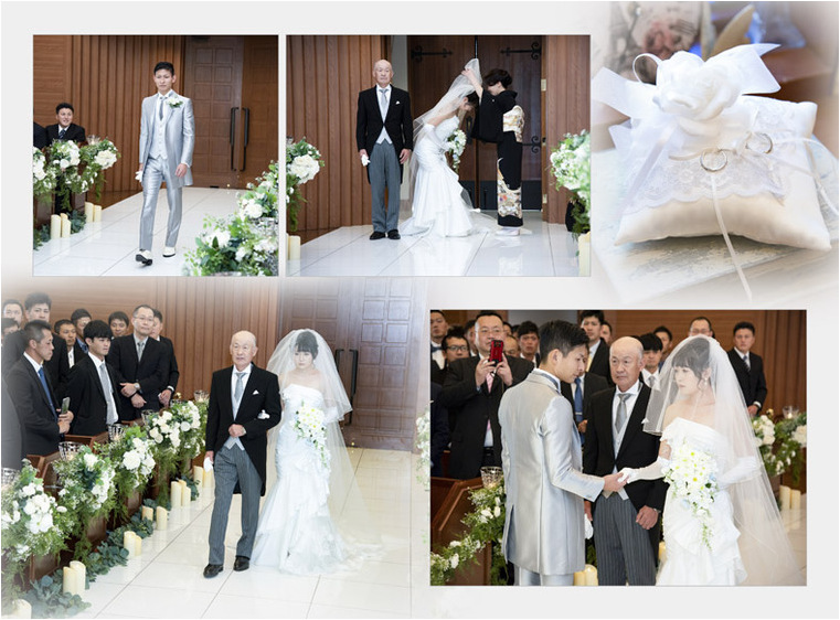 お支度を済ませ、チャペルに向かうシーンから始まります。3頁目：結婚式アルバム