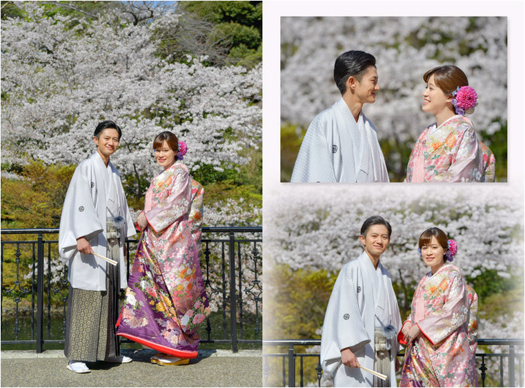 大きな窓から鮮やかな緑がのぞくホテル内の神殿での挙式を終えると沢山のお花がデザインされた淡いピンク色のドレスで入場です。3頁目：結婚式アルバム