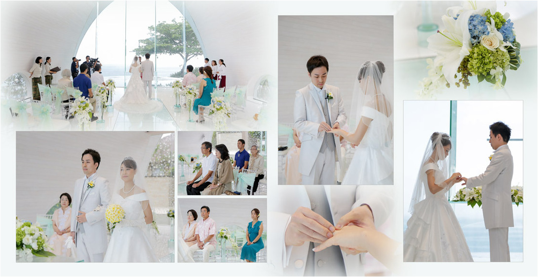 ガラリと雰囲気を変えた色打ち掛けと白無垢写真のページとなります。6頁目：結婚式アルバム