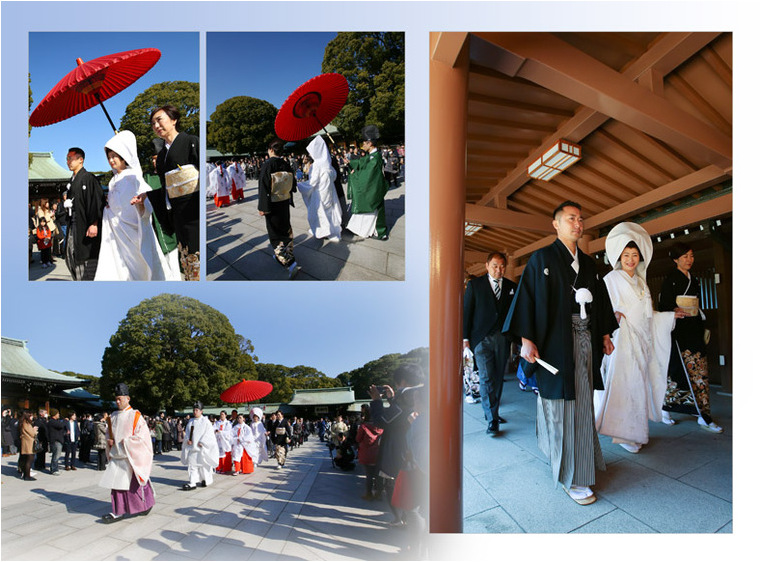 
花嫁行列は、青空の下、たくさんの参拝客に見守られながら、広大な杜の中を奉賽殿（ほうさいでん）に向かって進みます。6頁目：結婚式アルバム