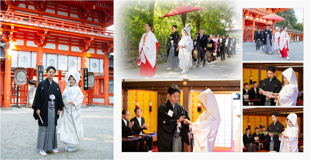 挙式は下鴨神社で執り行われました。5頁目：結婚式アルバム