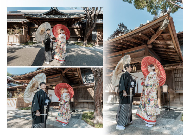 緑豊かな庭園や茶室では華やかな色打掛が似合いますね。3頁目：結婚式アルバム