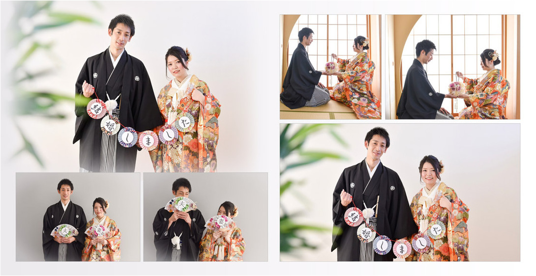 洋装は新郎はグレーのタキシード、新婦は刺繍が美しいウエディングドレスにティアラをあわせました。4頁目：結婚式アルバム