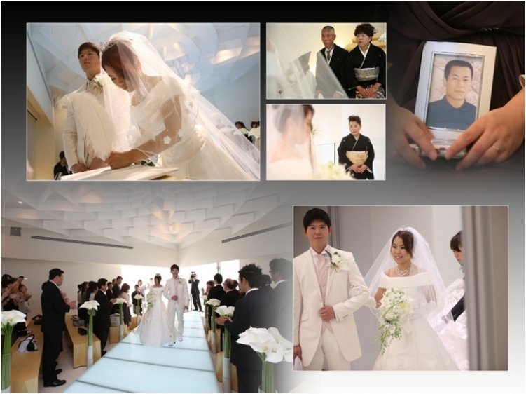 
二人の思い出がつまったチャペルムービーから始まります。6頁目：結婚式アルバム