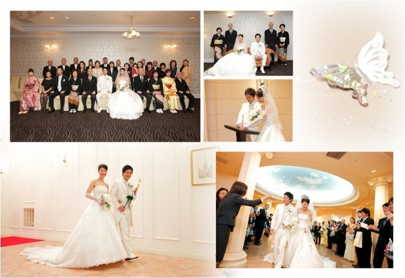 照明演出によって照らされるお二人の写真は神秘的な1ページとなりました。4頁目：結婚式アルバム