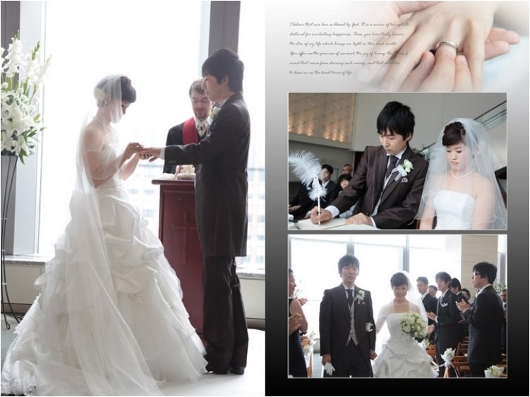 
まずはそんな大きな窓を背景としたチャペルの中でのポージング写真から。4頁目：結婚式アルバム