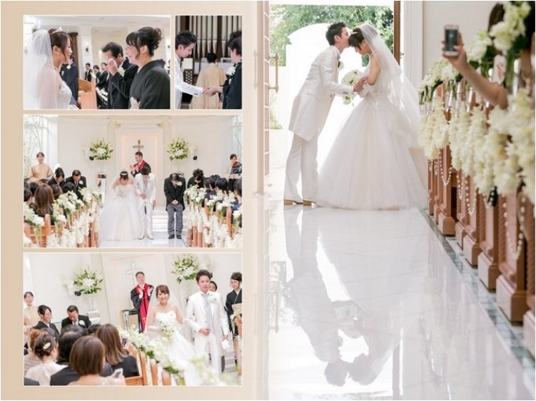 えくぼがキュートな新婦の笑顔の写真がたくさん入っています。8頁目：結婚式アルバム