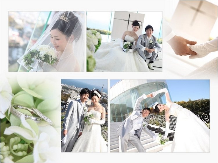 当日、挙式は青くライトアップされたチャペルから始まります。5頁目：結婚式アルバム