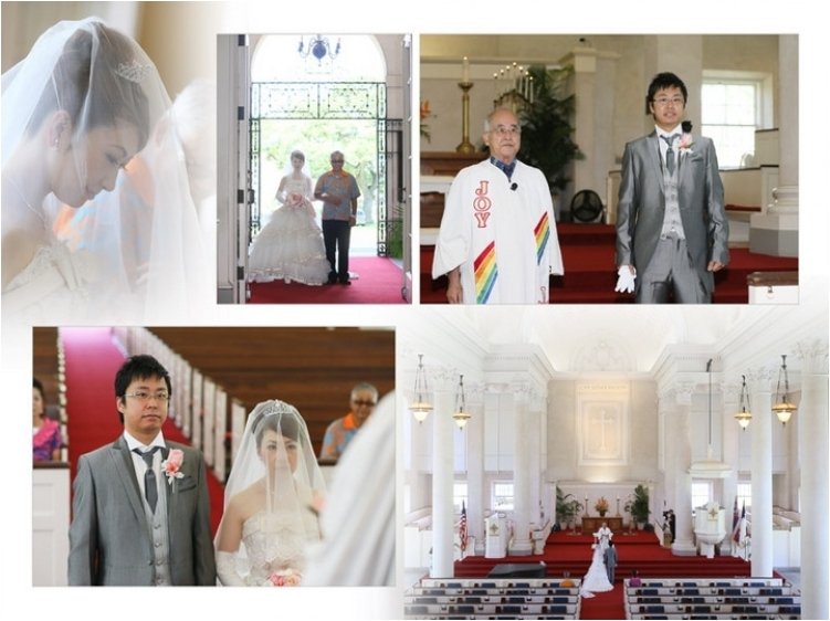 
ゴシック調の天井の高い大聖堂での挙式のお写真は、神聖さと迫力が感じられます。6頁目：結婚式アルバム