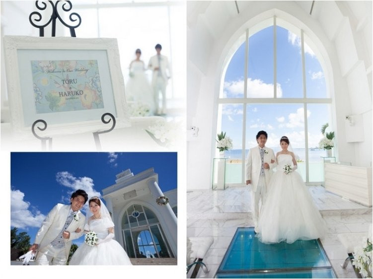 
まるで海へと続いているような、神秘的なエメラルドブルーのバージンロード。2頁目：結婚式アルバム