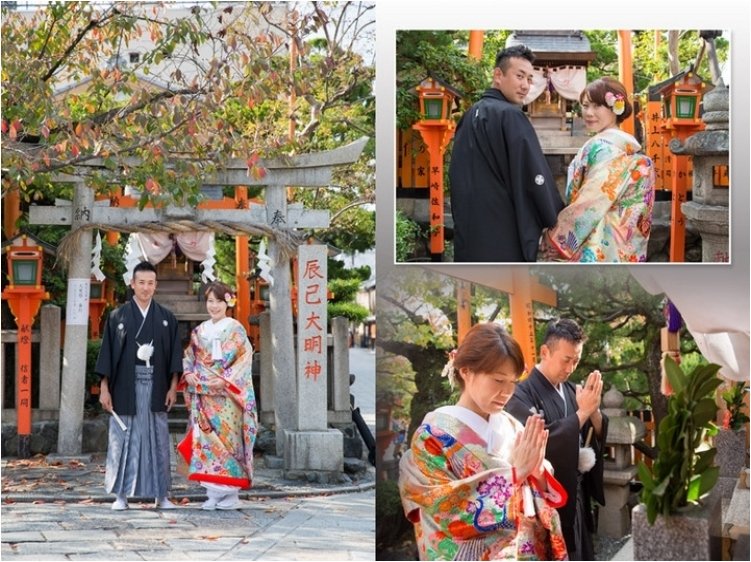 気持ちのよい秋晴れの日、お二人の後ろ姿が表紙にもなっている場所は、祇園での信仰を集めると言われる辰巳大明神です。2頁目：結婚式アルバム