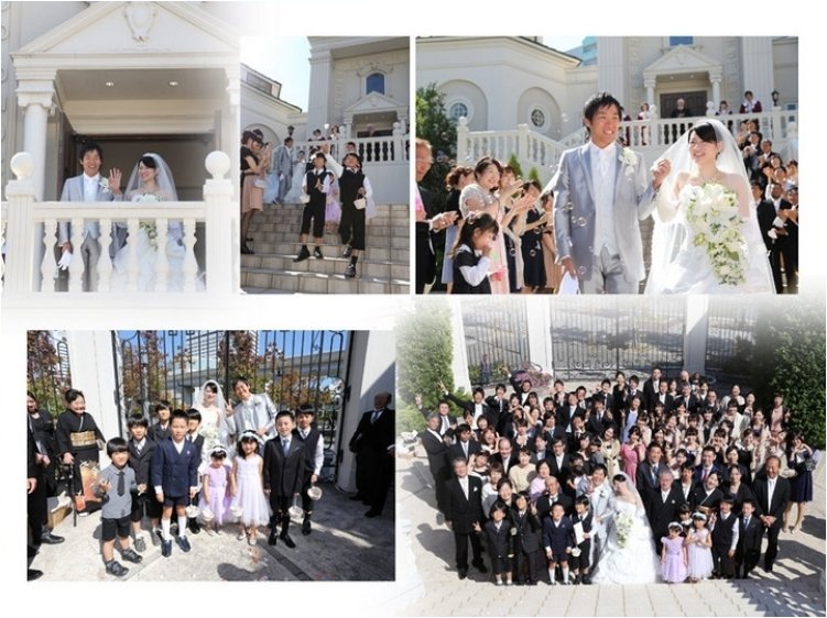 
ユニフォームを着た新郎とクラリネットを吹く新婦のケーキトッパーが乗っています。7頁目：結婚式アルバム