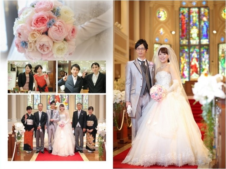 挙式を終えフラワーシャワーの祝福を受けて退場します。3頁目：結婚式アルバム