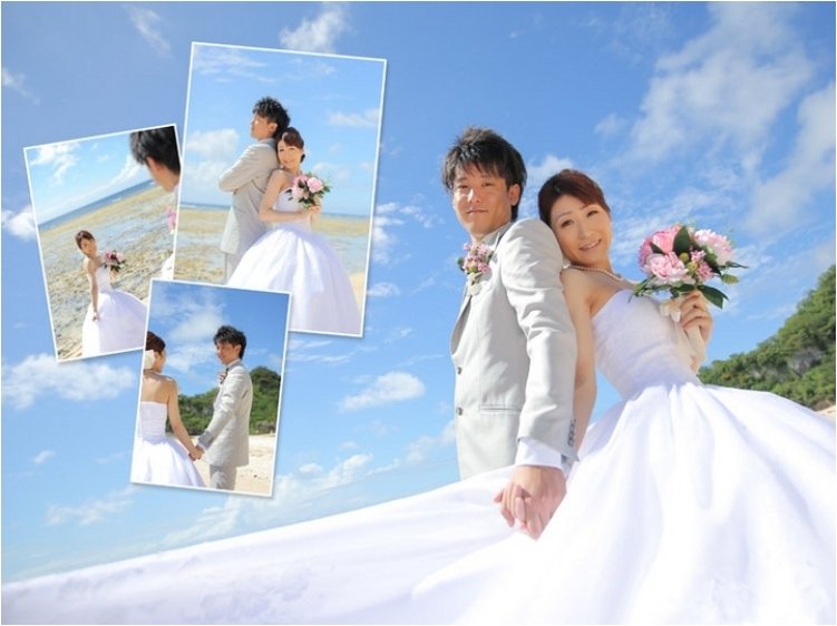 また、ヤシの木のそばでの家族三人でのお写真は良い思い出になりますね。7頁目：結婚式アルバム