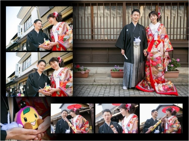 
ご当地キャラの小物が出てきたり、大きな駄菓子を食べさせあったり、微笑ましいシーンも忘れられない思い出です。6頁目：結婚式アルバム