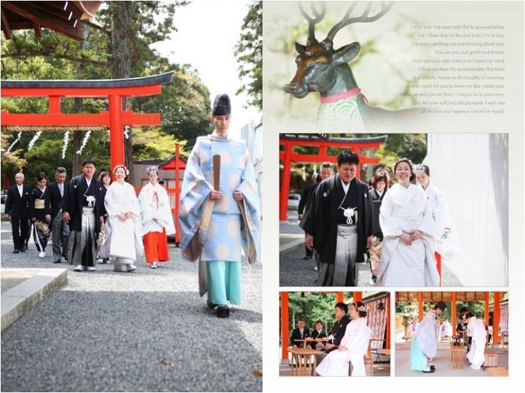 厳かな空気の漂う境内をにこやかに参進する新郎新婦。3頁目：結婚式アルバム