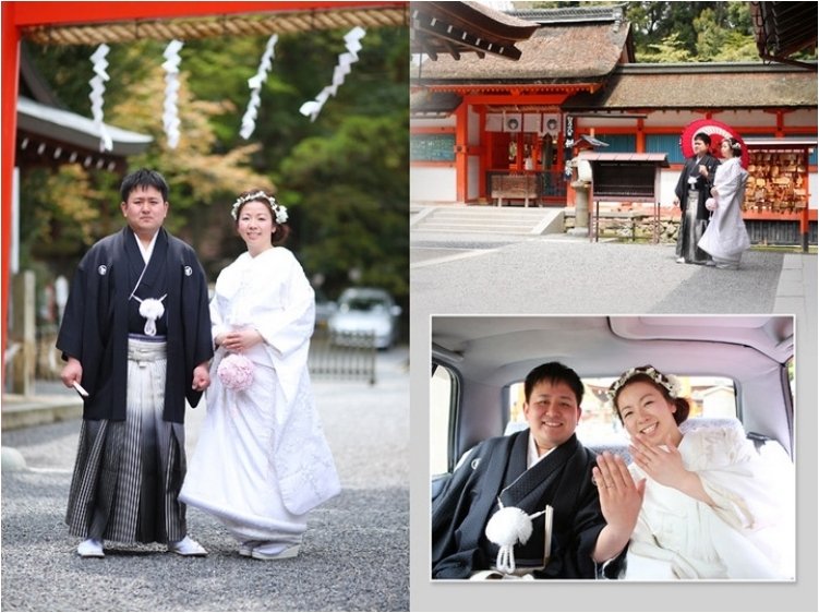 また、「寿」と書かれた扇子がついた花嫁タクシーや、緑豊かな神社内の様子、桜の飾りの付いたリングピローなどもふんだんに使い、当日の思い出をその流れのまま思い起こすことができるアルバムとなりました。8頁目：結婚式アルバム