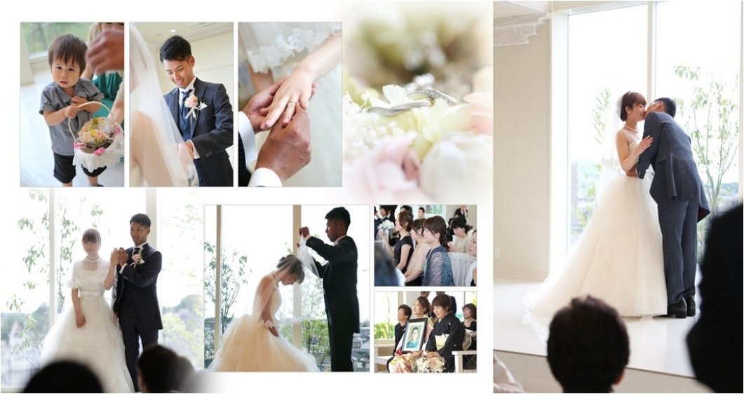 ゲストが両側に並んだ間を祝福を受けながら退場されました。5頁目：結婚式アルバム