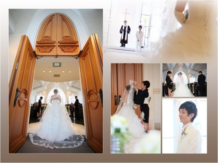 
チャペルの扉が開くまではお二人が顔を合わせないようにされたそうです。4頁目：結婚式アルバム