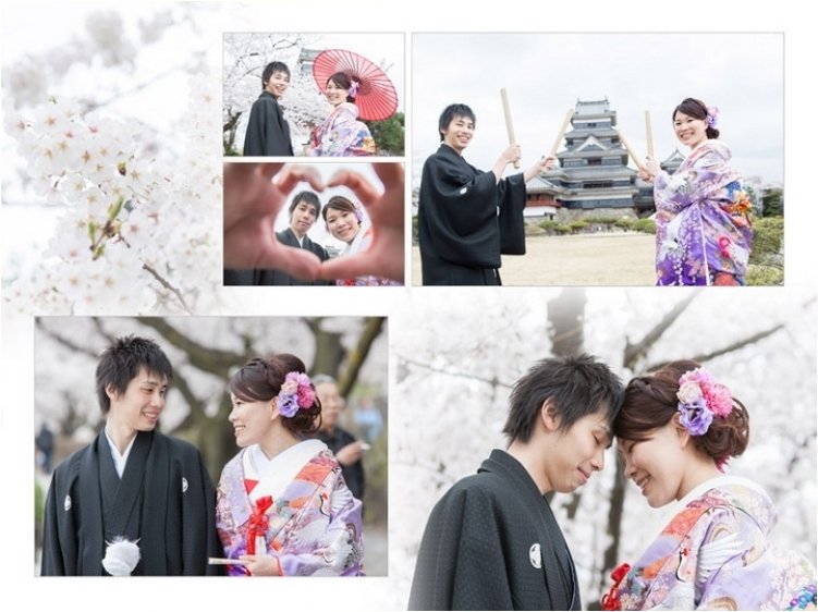 薄紅色に霞むお城に色打掛の鮮やかな色が映えますね。3頁目：結婚式アルバム