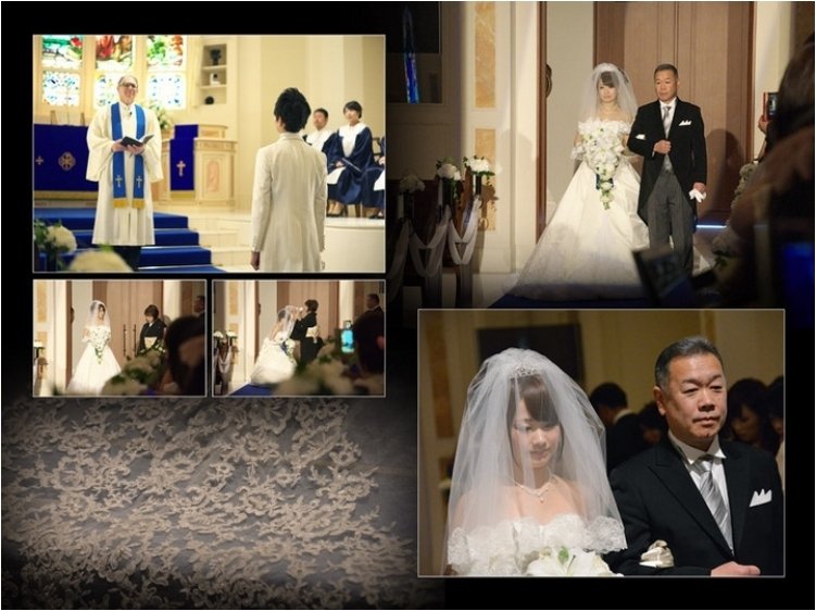 新婦の口元を拭ってくれる新郎の姿に、初々しさを感じます。5頁目：結婚式アルバム