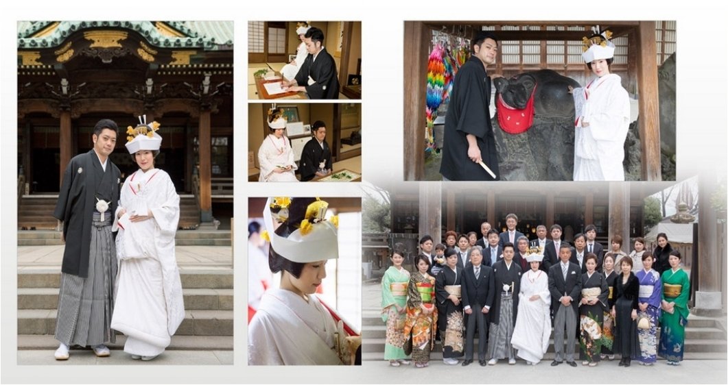 
神社の梅の木の前での写真、とても素敵ですね。3頁目：結婚式アルバム