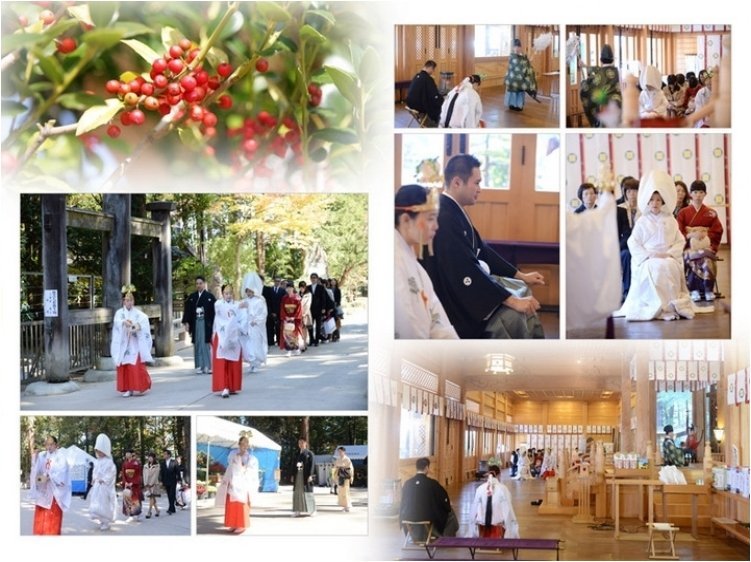 歴史あるこちらの神社、挙式の様子からは静けさまでもが伝わってきます。3頁目：結婚式アルバム