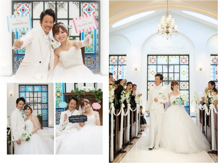 
明るいチャペルでのお写真はどれも綺麗ですね。6頁目：結婚式アルバム