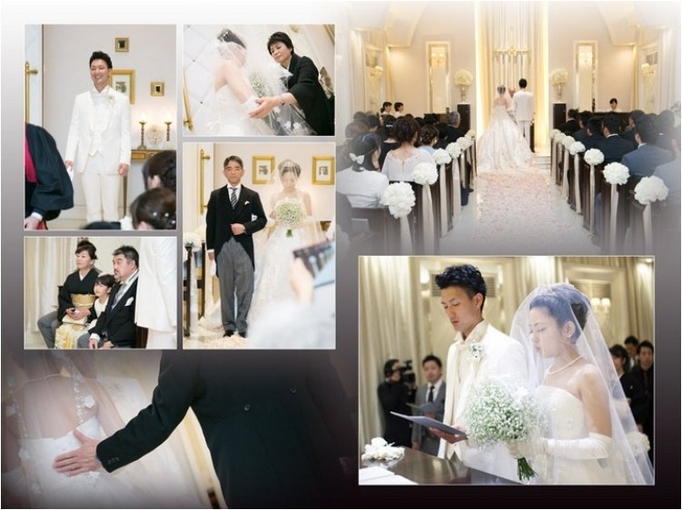 
広大なプール付ガーデンでの集合写真は開放感がありますね。4頁目：結婚式アルバム