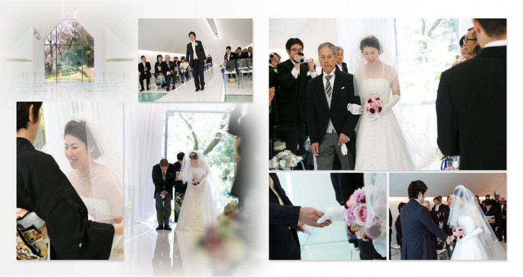 自然光が降り注ぎ新郎新婦の表情もやわらかにうつります。3頁目：結婚式アルバム