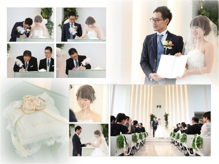 
挙式後はプールサイドにある鐘を二人で鳴らします。3頁目：結婚式アルバム