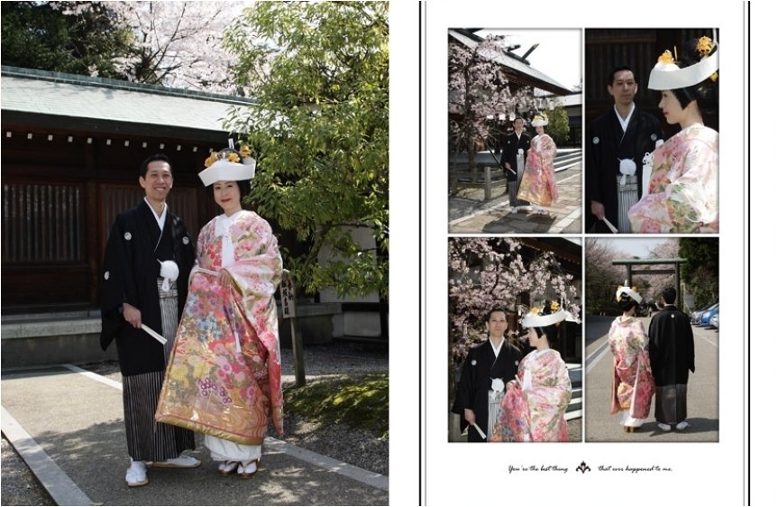 この公園の豊かな緑の中にたたずむ千三百年の歴史ある射水神社が結婚式の舞台となります。2頁目：結婚式アルバム