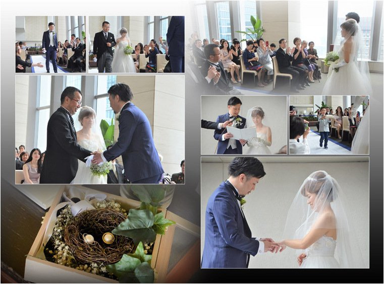 新婦のお父様と新郎ががっちりと握手をしているシーンが印象的。3頁目：結婚式アルバム