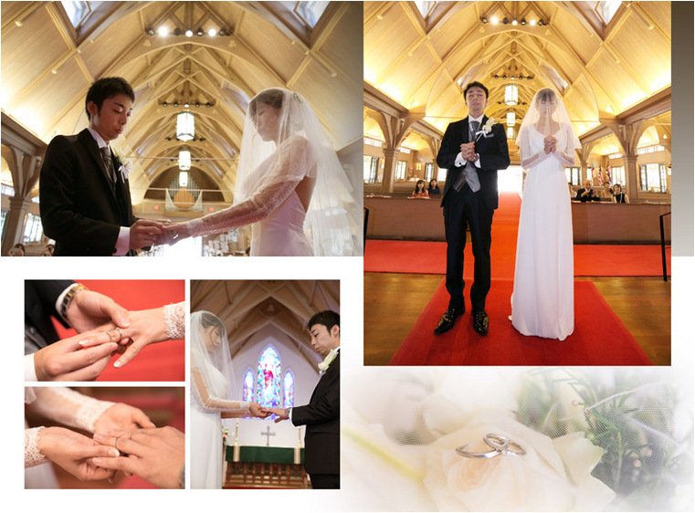 挙式後のゲストとのお写真には水色のドレスに身を包むご友人たちの姿も。5頁目：結婚式アルバム