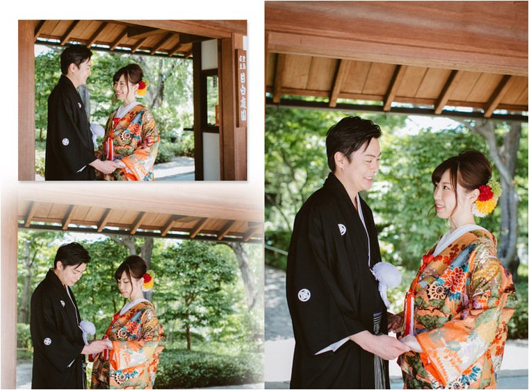 
みずみずしい新緑の中で額を寄せ合う写真を表紙に選ばれました。3頁目：結婚式アルバム